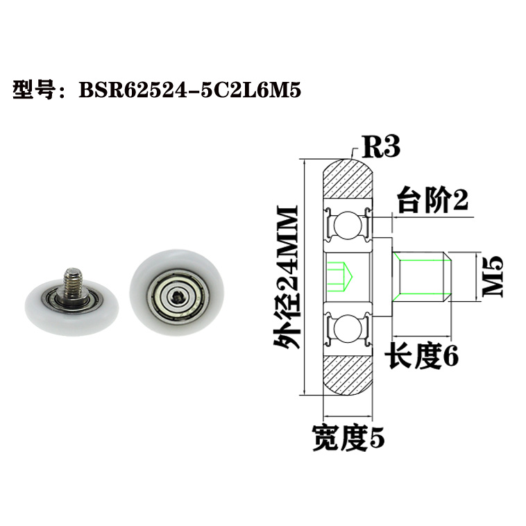 BSR62524-5C2L6M5 M5x24x5mm POM guide rollers, plastic coated rollers with screws.jpg BSR62524-5C2L6M5 M5x24x5mm POM guide rollers, plastic coated rollers with screws.jpg