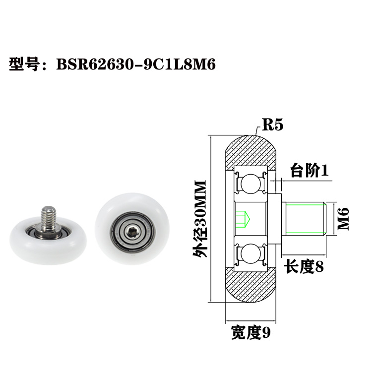BSR62630-9C1L8M6 M6x30x9mm Industrial design POM nylon plastic coated roller bearings for pulley production lines.jpg